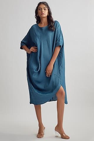 blue linen satin dress