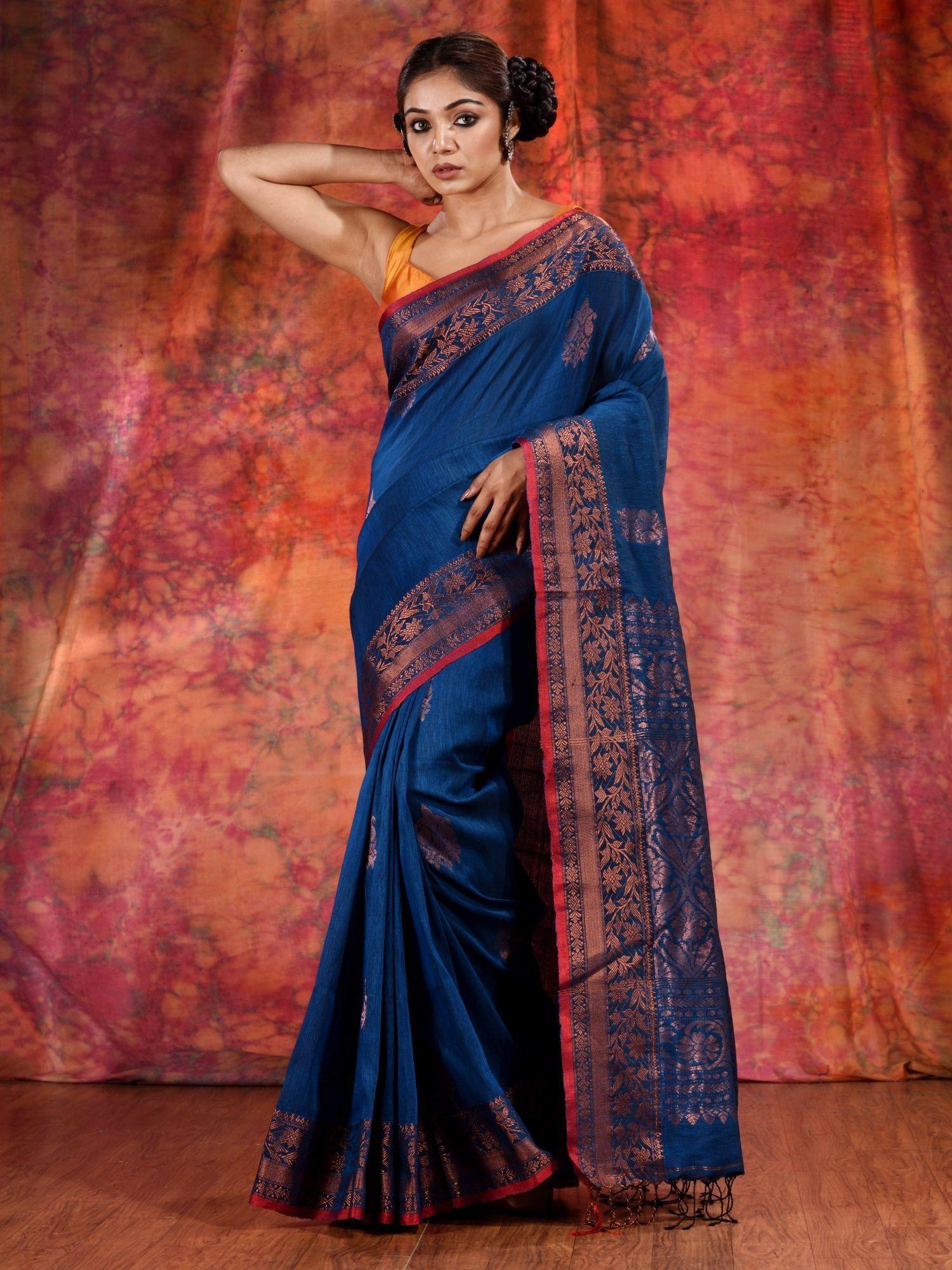 blue linen soft handwoven saree with zari anchal and unstitched blouse