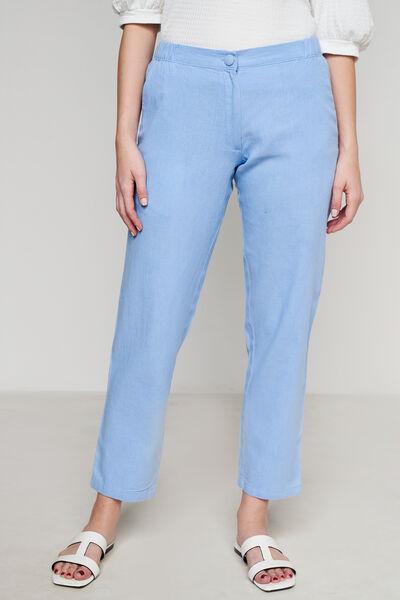 blue linen straight-fit trouser