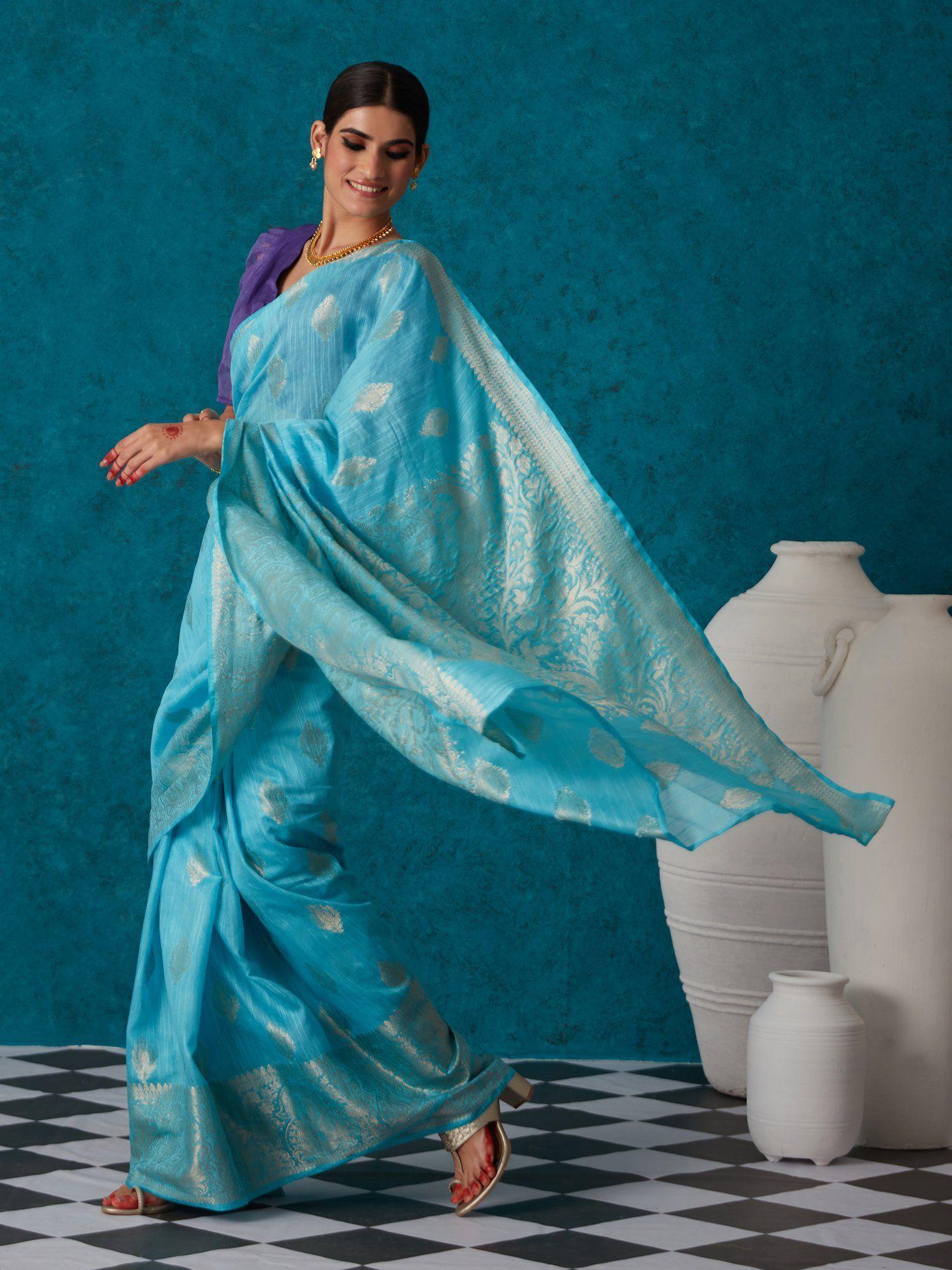 blue linen woven bhagalpuri festive zari saree & unstitched blouse liksar57 (free size)