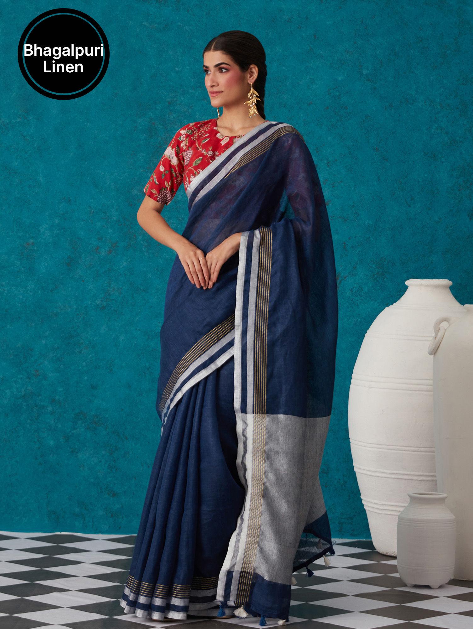 blue linen zari blend bhagalpuri saree with unstitched blouse liksar80 (free size)