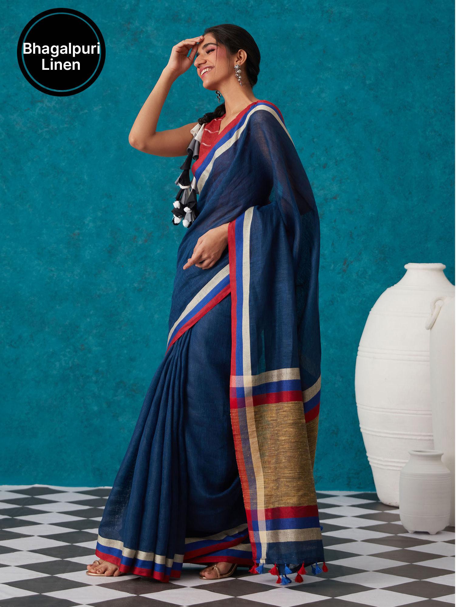 blue linen zari blend bhagalpuri saree with unstitched blouse liksar81 (free size)