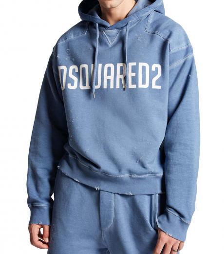 blue logo print distressed hoodie