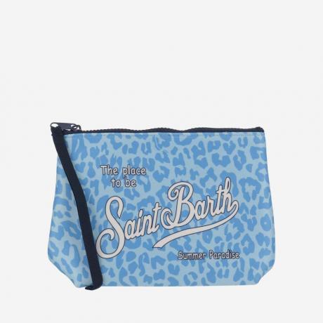 blue logo printed clutch