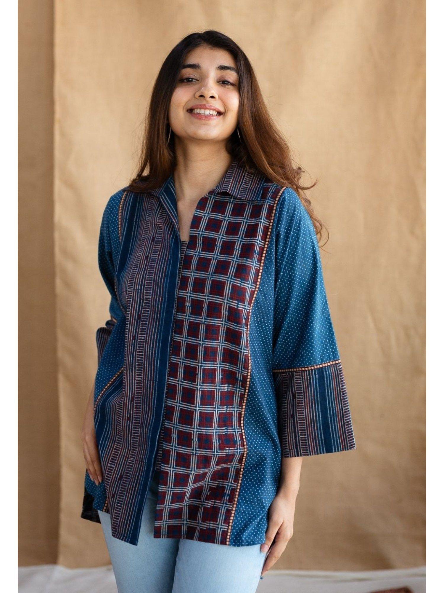 blue loose ajrakh cotton printed collar neck tunic