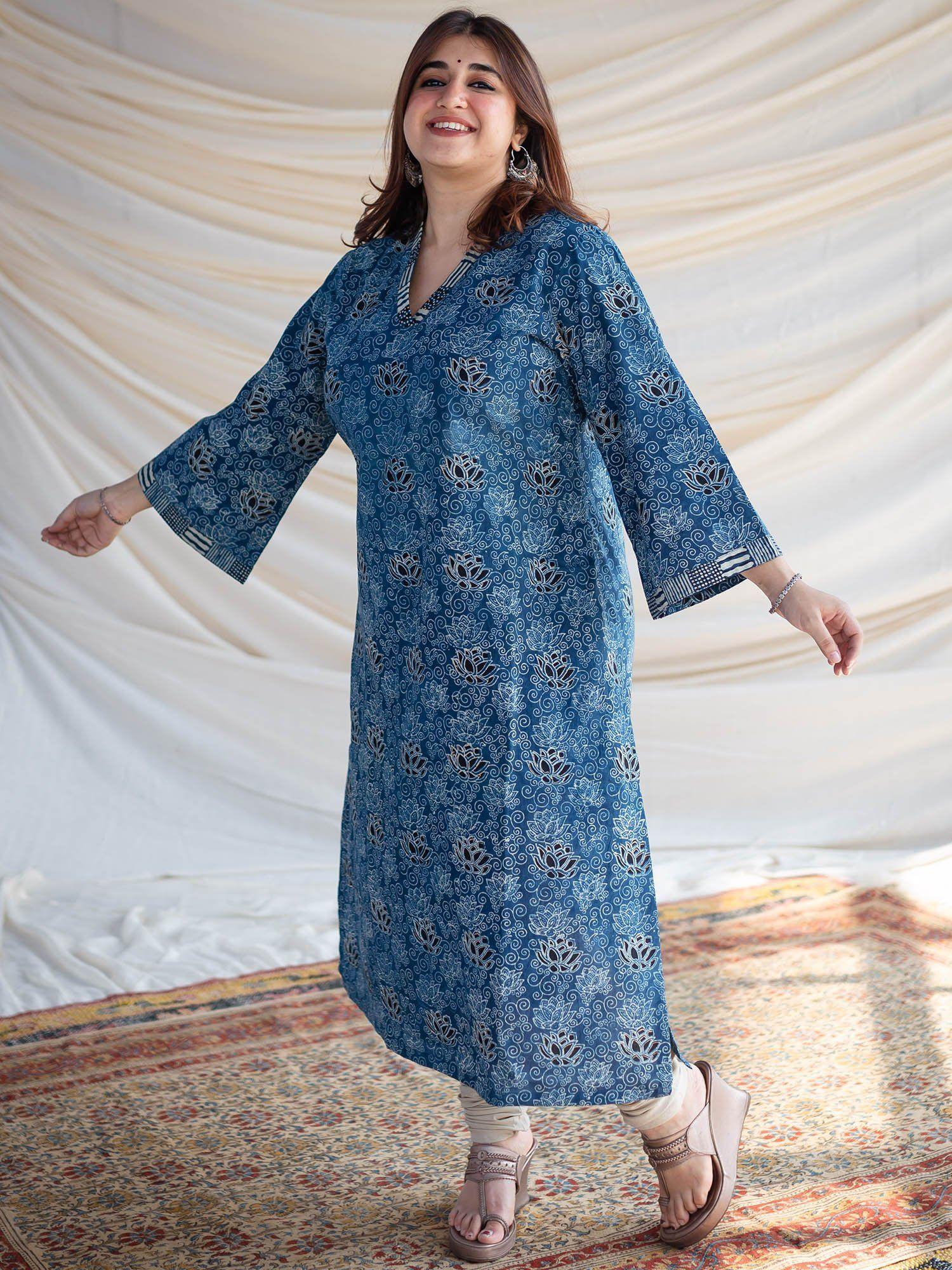 blue lotus ajrakh cotton straight kurta