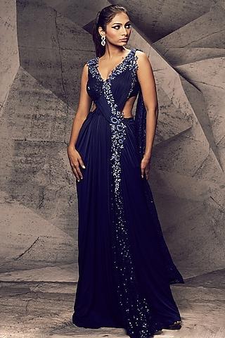 blue lycra sequins embroidered gown