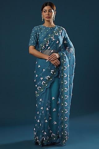 blue machine embroidered saree set