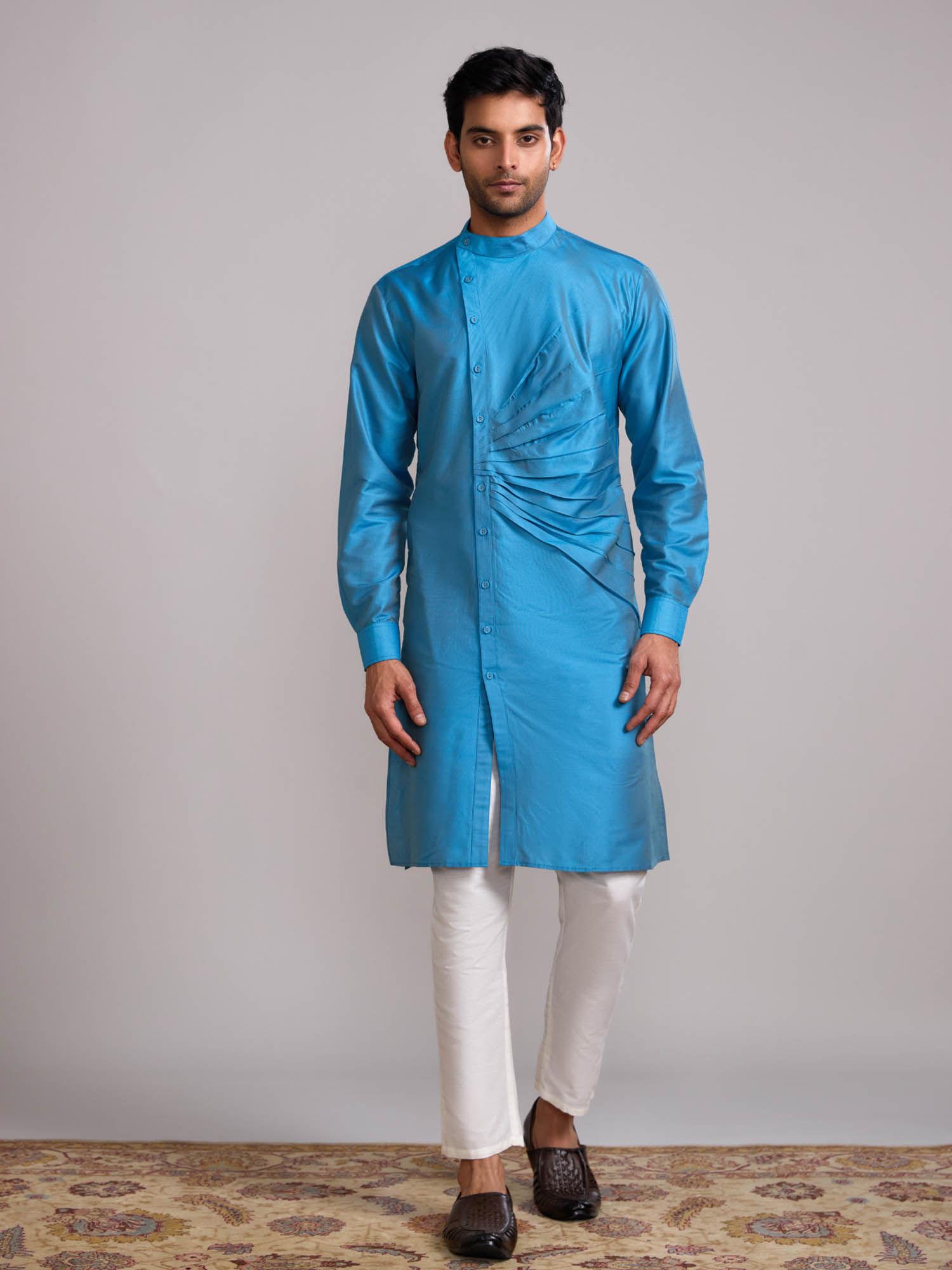 blue mandarin collar front pleats straight kurta