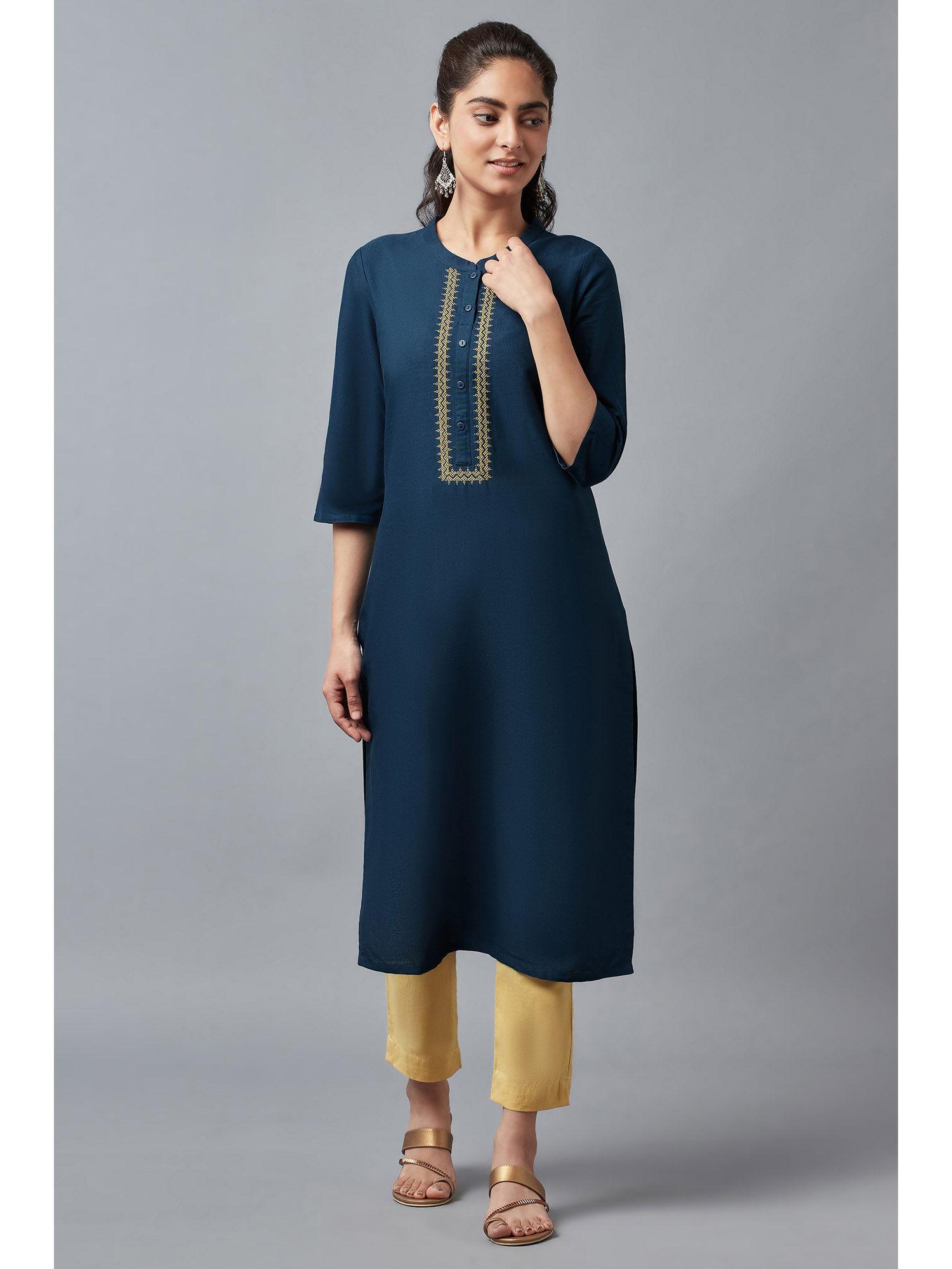 blue mandarin collar solid straight kurta