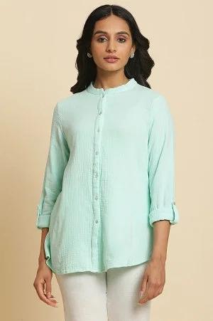 blue mandarin collar western top