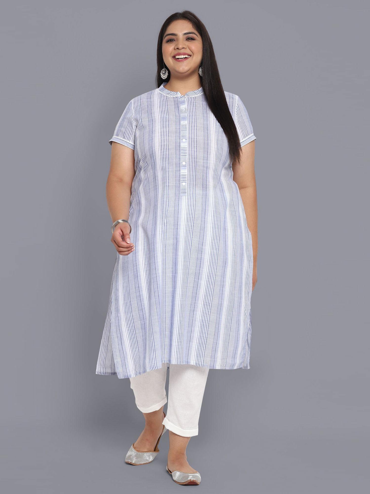 blue mandarin collar yarn-dyed cotton kurta