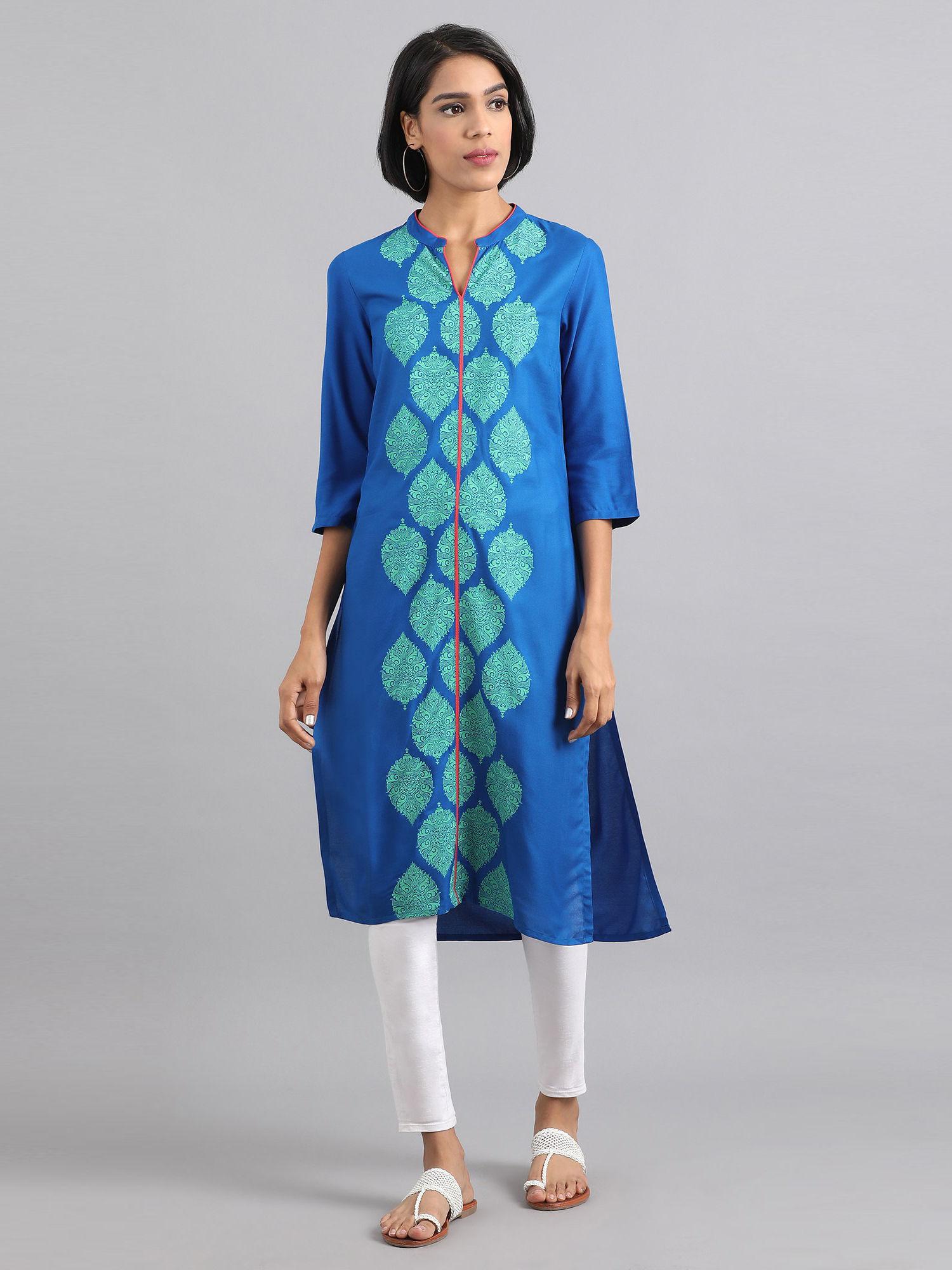 blue mandarin neck printed kurta