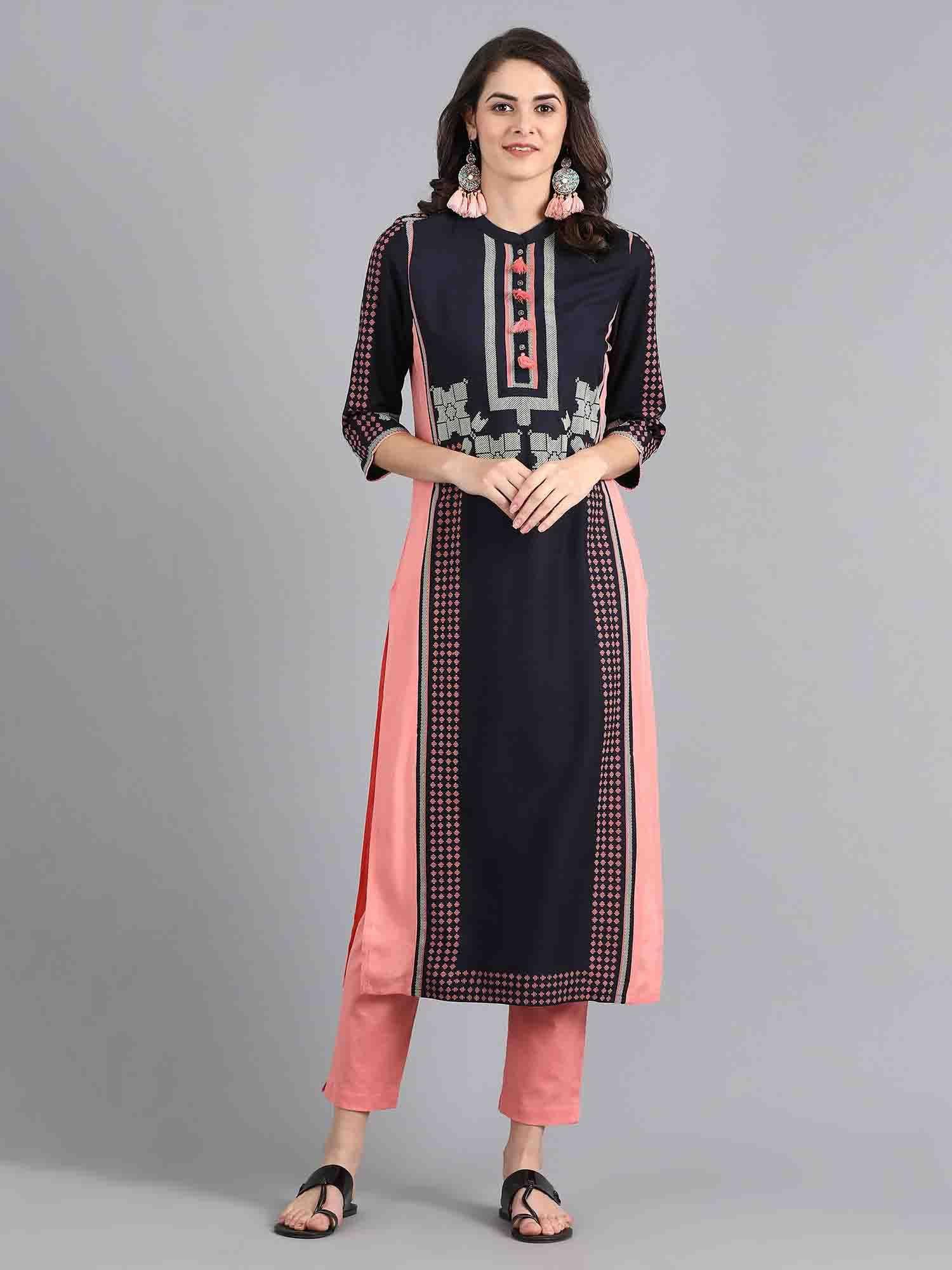 blue mandarin neck printed kurta