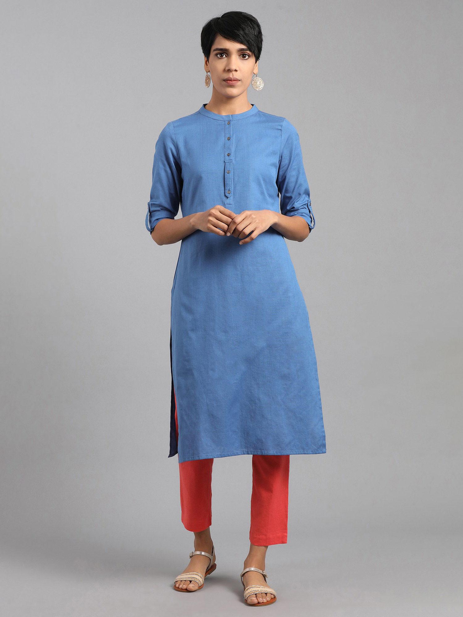 blue mandarin neck solid kurta