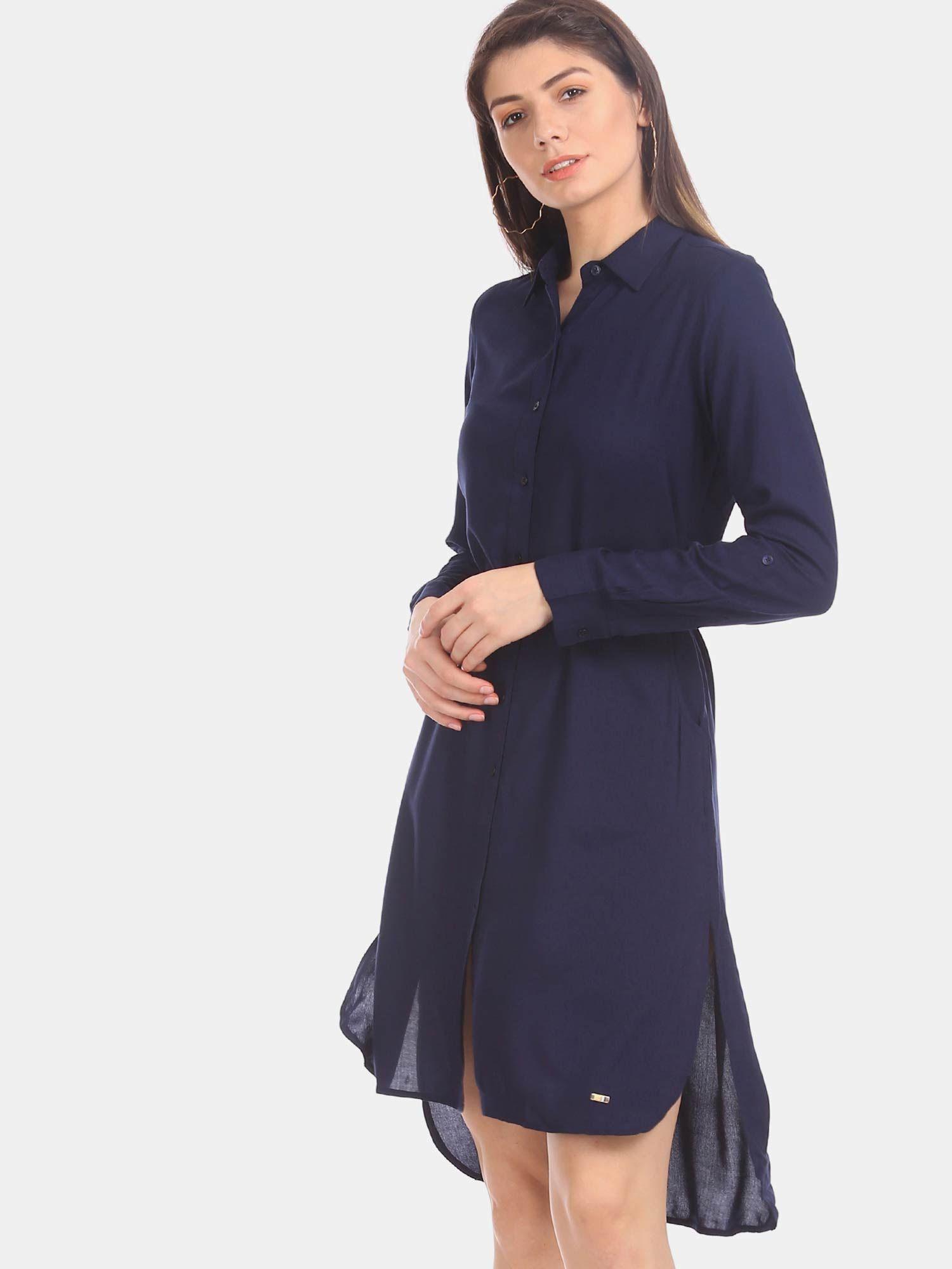 blue mandarin neck solid shirt dress