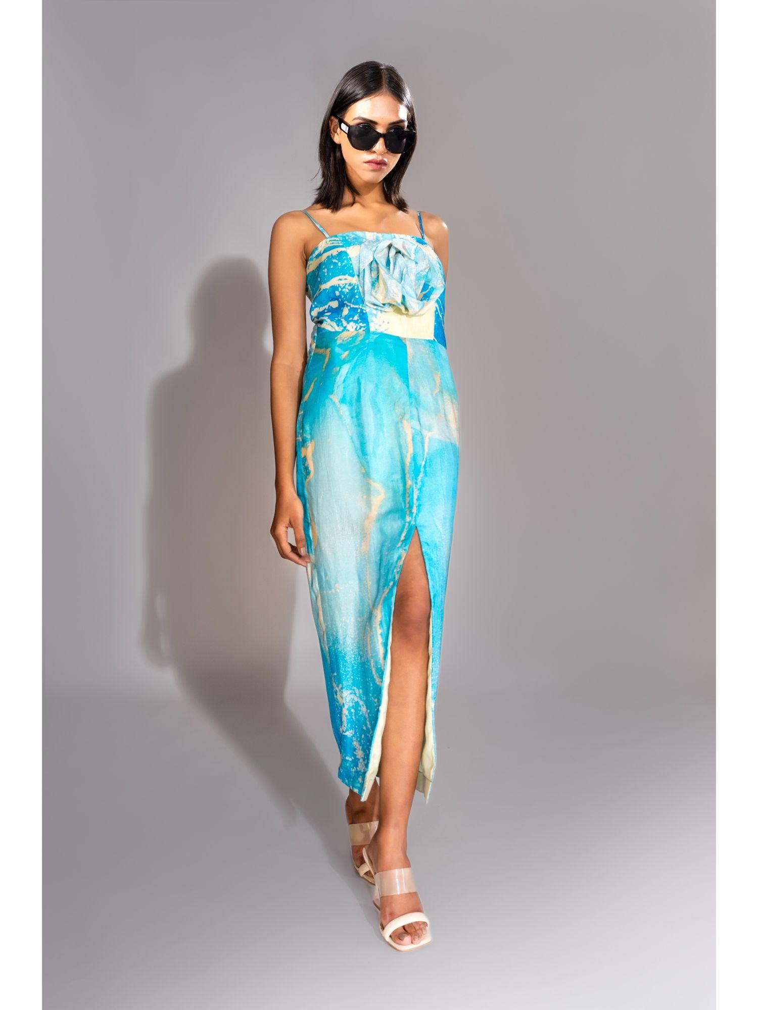 blue marble flower maxi dress