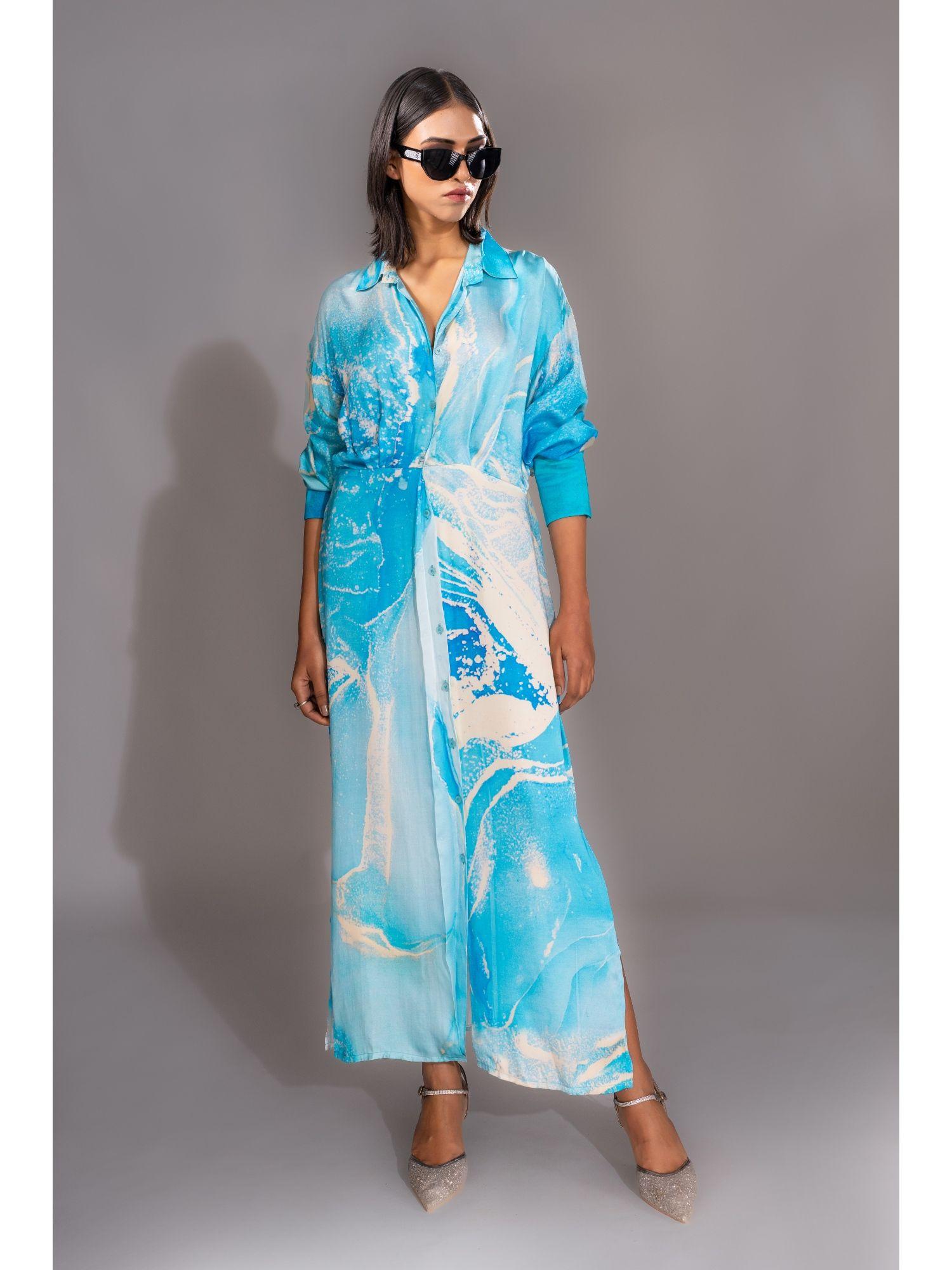 blue marble print satin maxi dress