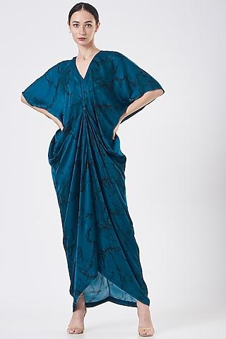 blue marble printed draped dress