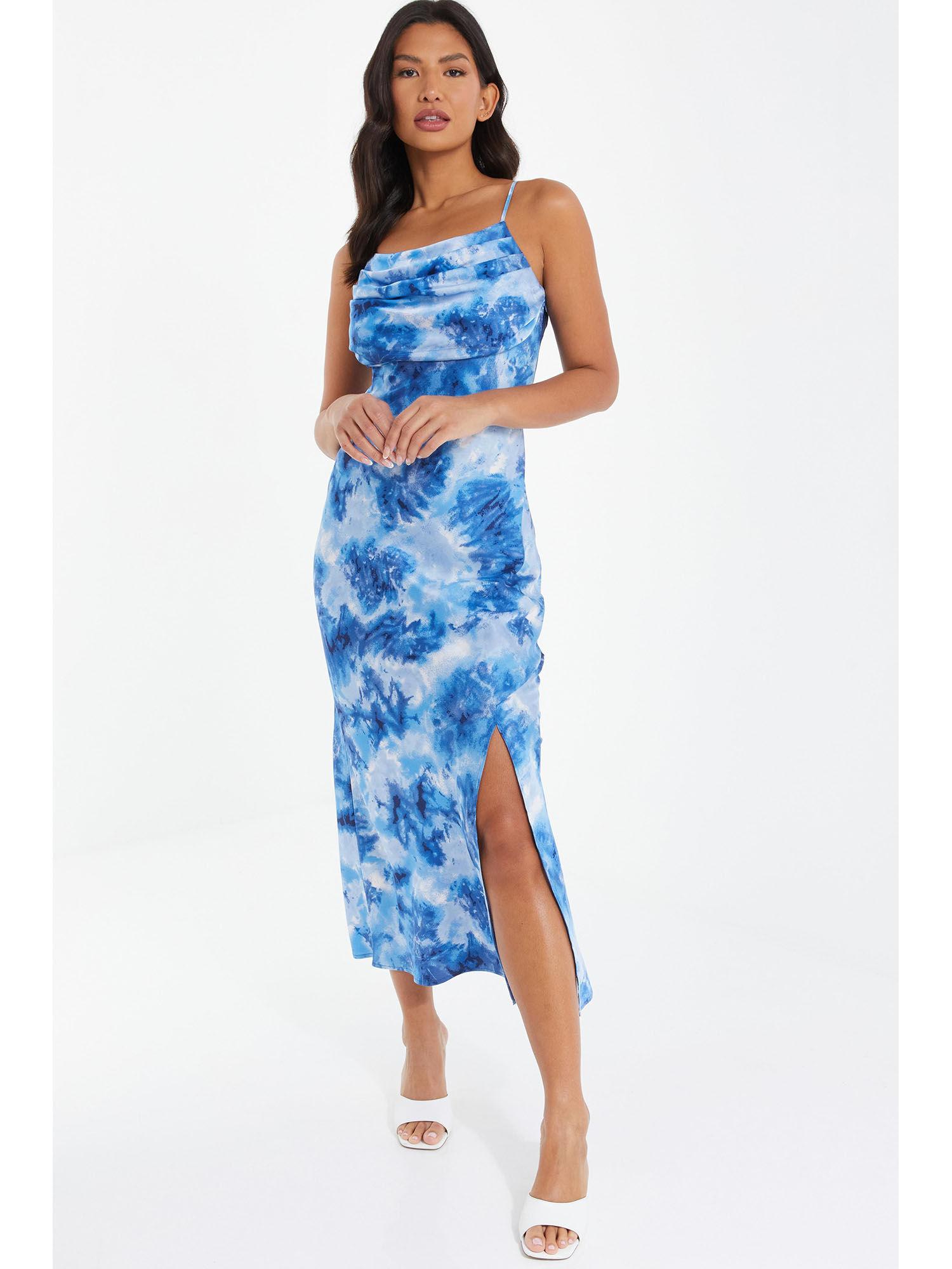 blue marble strappy ruched bust midi dress