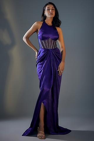 blue mashru silk embroidered corset draped gown