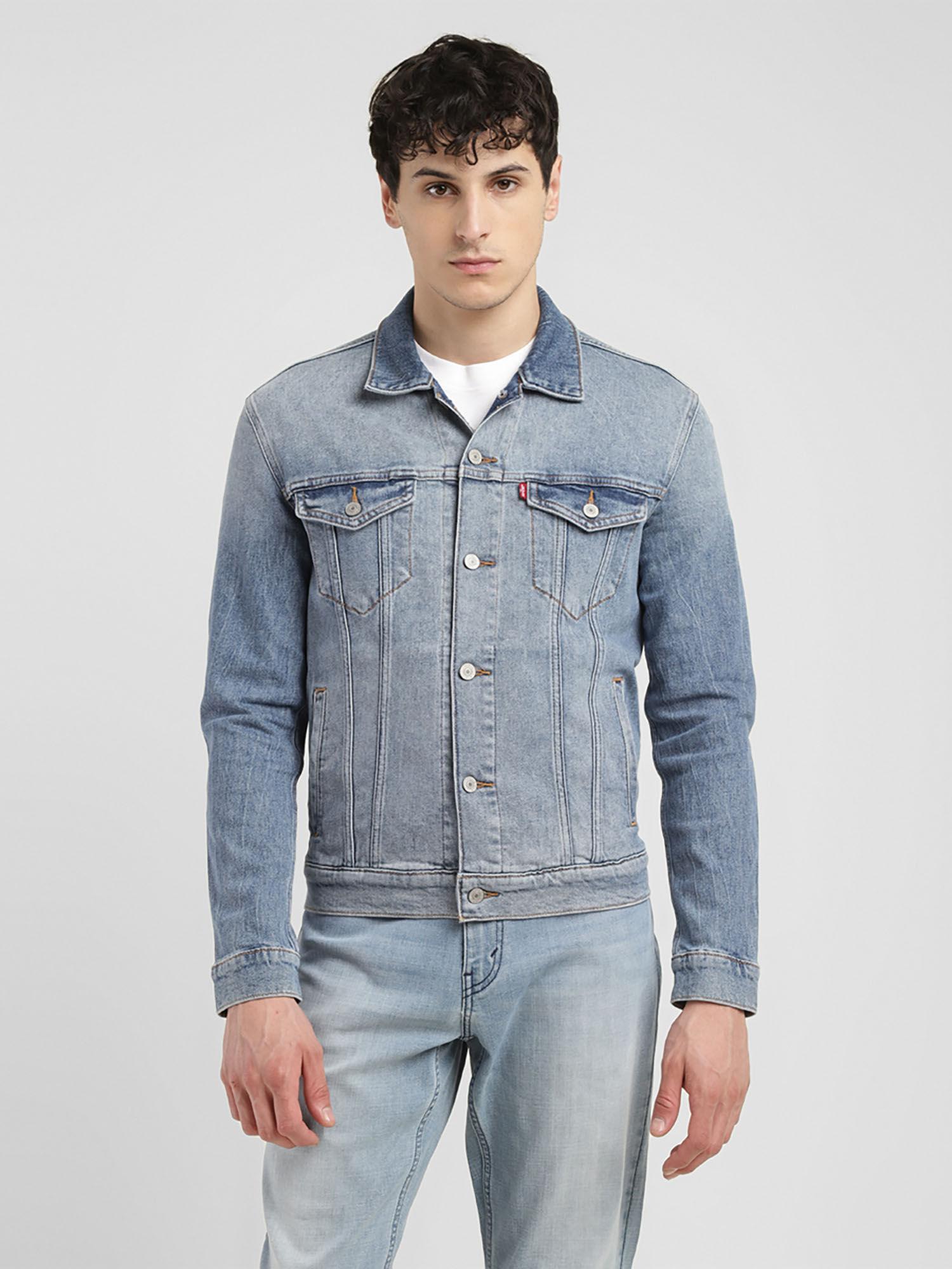 blue mens solid mid indigo spread collar jacket