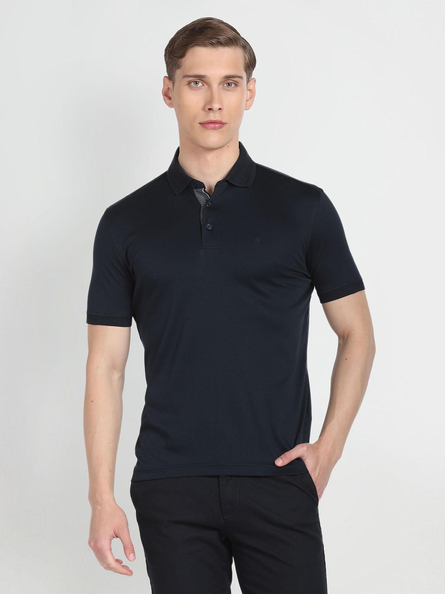 blue mercerised cotton solid polo t-shirt