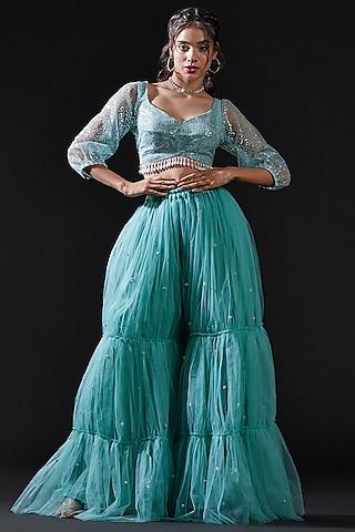 blue mesh & tulle embellished sharara set for girls