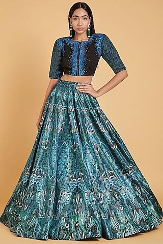 blue mesh printed lehenga set