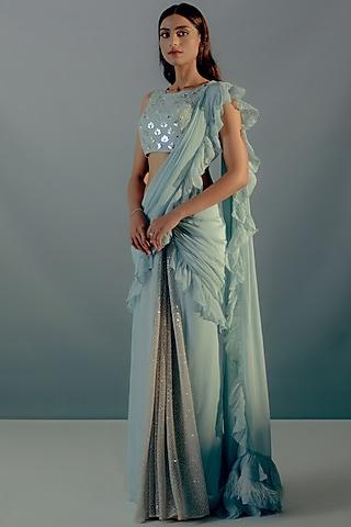 blue mesh sequins & organza concept ruffled saree set