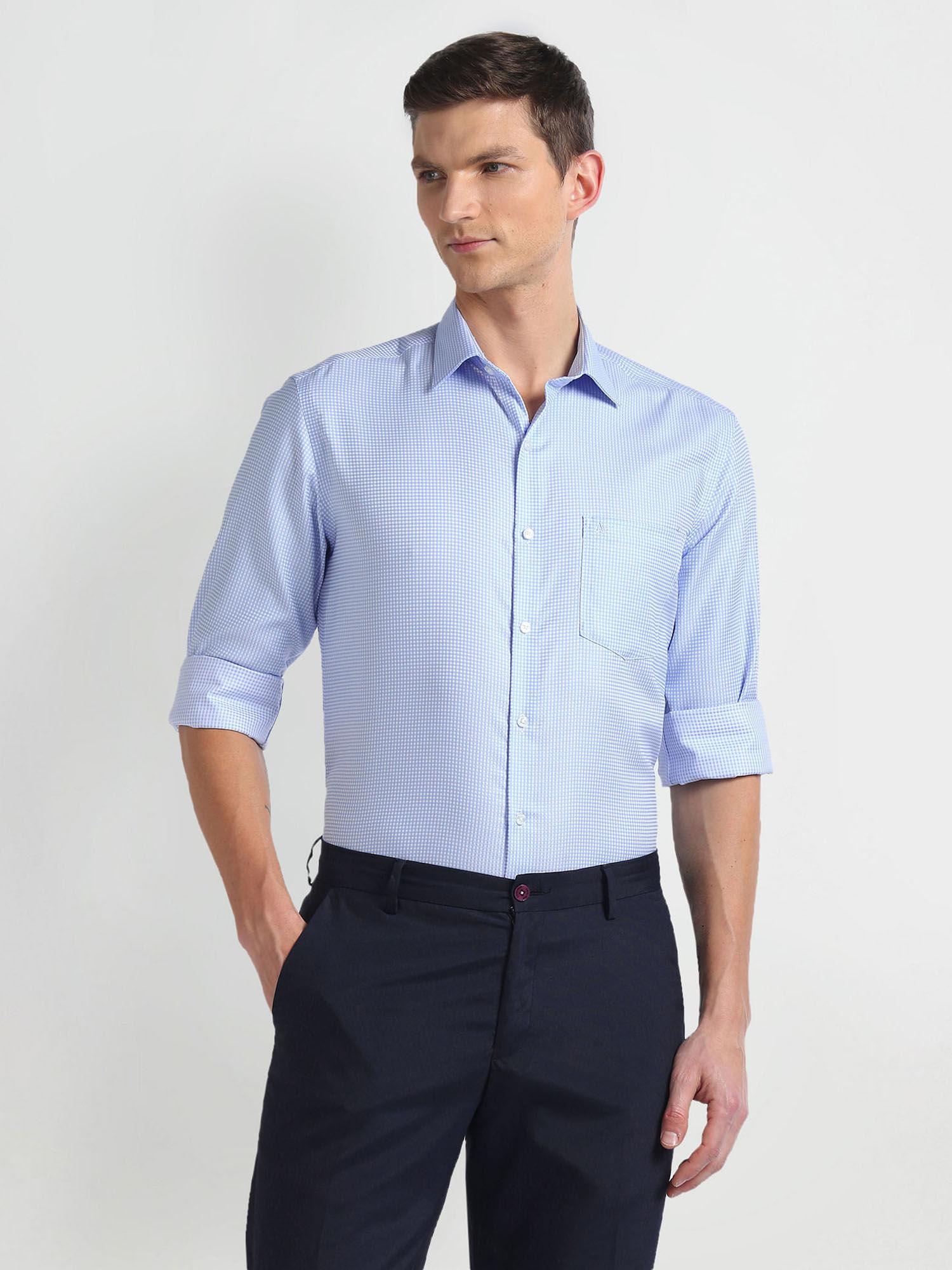 blue micro check cotton formal shirt