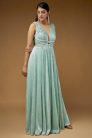 blue micro pleated lame embroidered gown