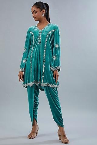 blue micro velvet sequins hand embellished tunic set