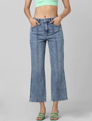 blue mid rise cut seam flared jeans