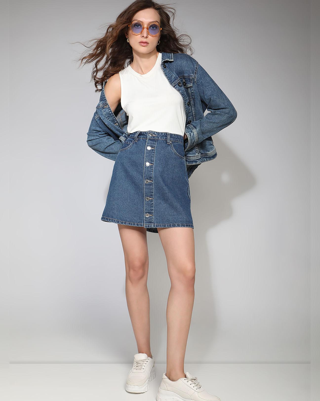 blue mid rise denim skirt