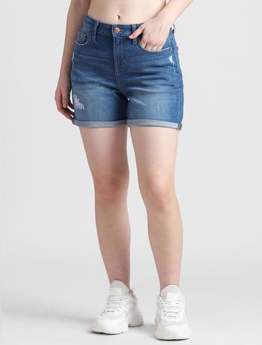 blue mid rise distressed denim shorts