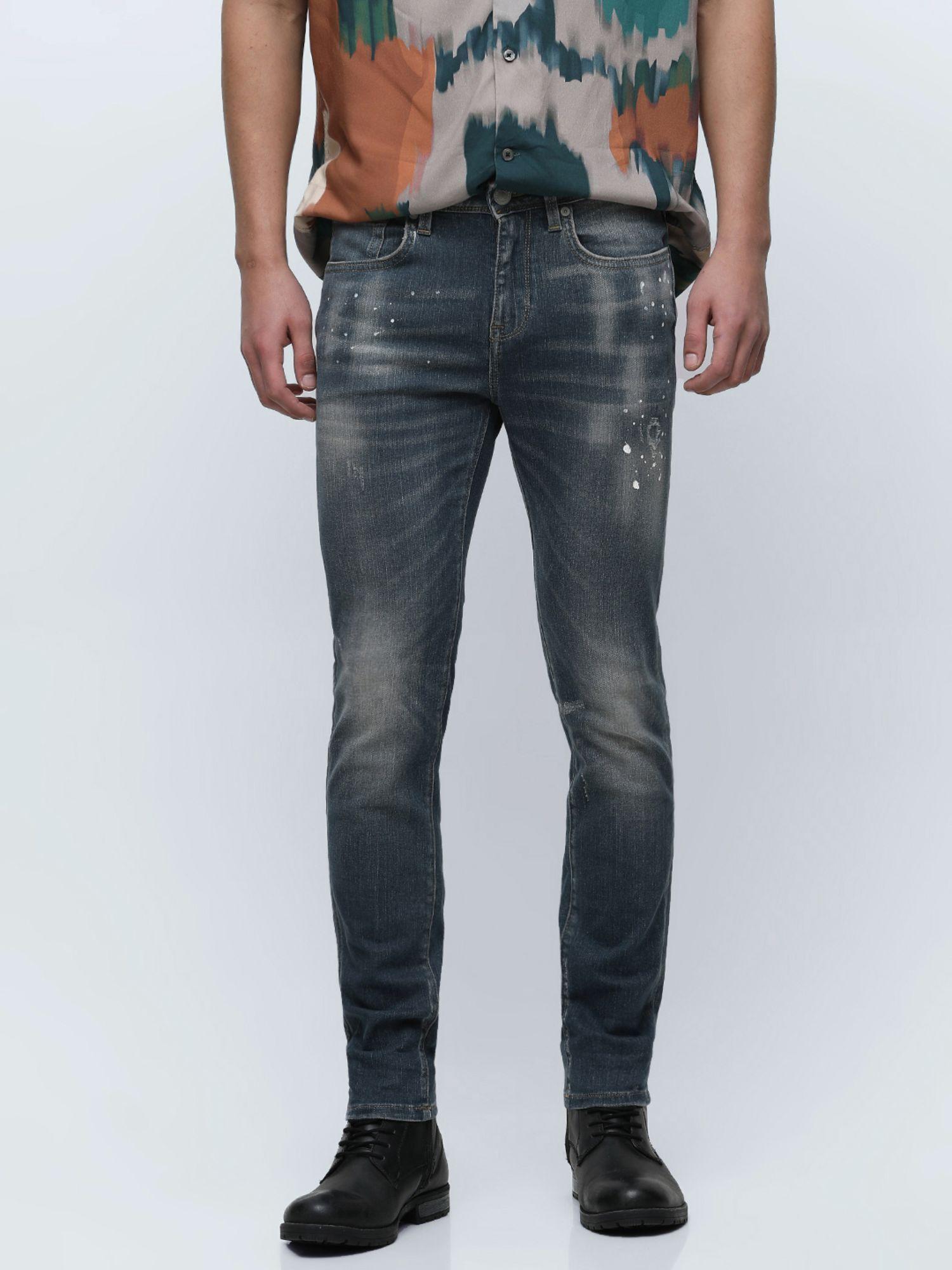 blue mid rise distressed slim fit jeans