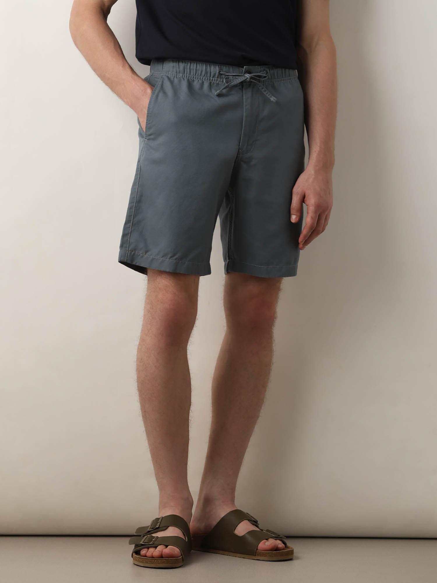 blue mid rise drawstring linen shorts