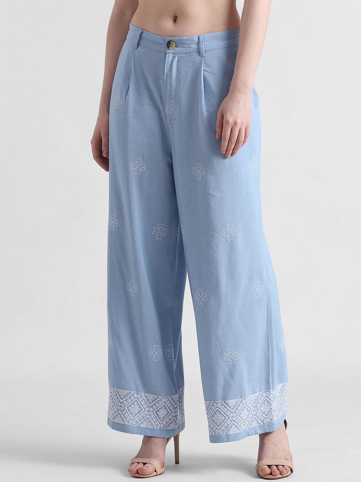 blue mid rise embroidered pants