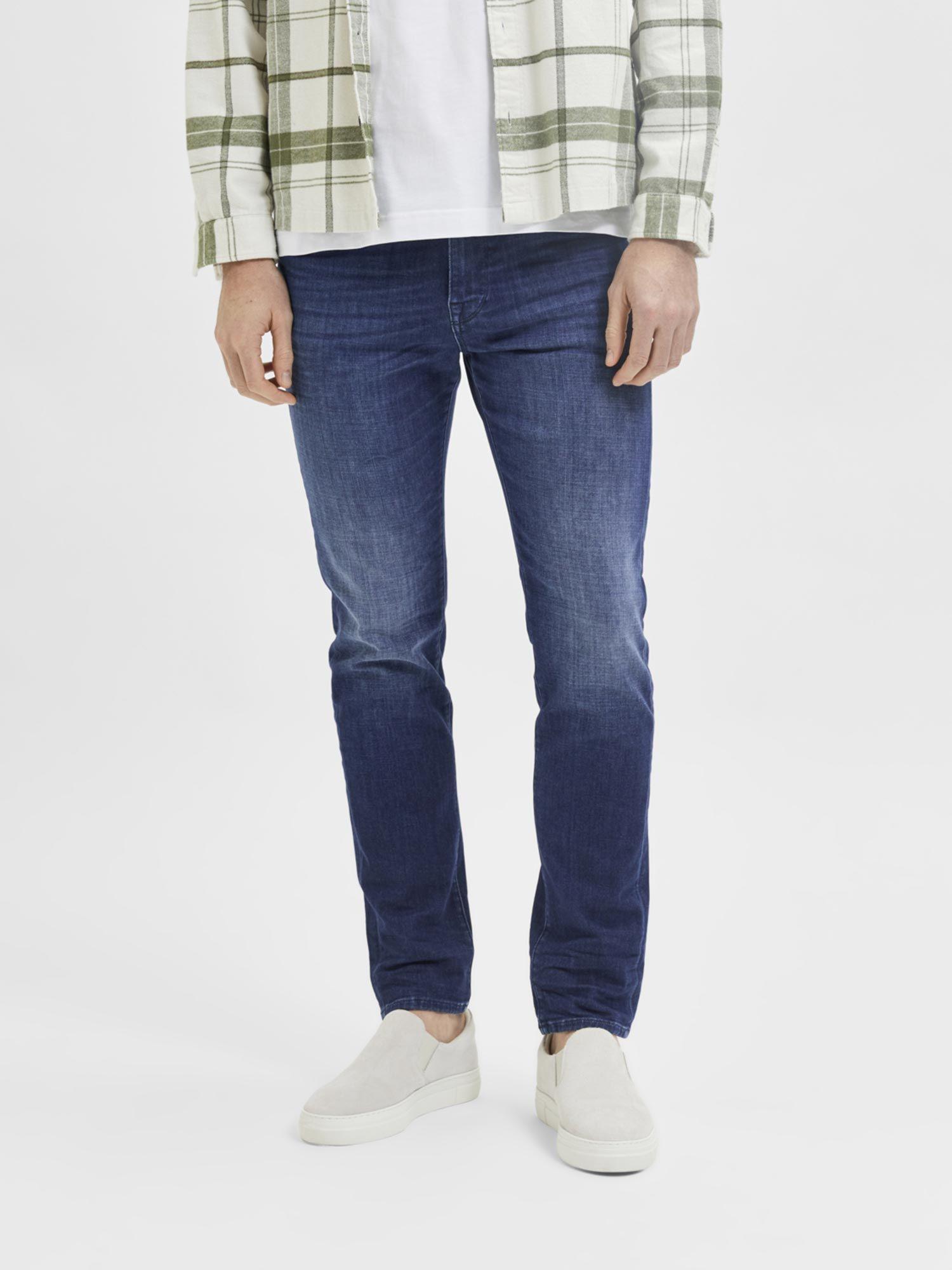 blue mid rise leon slim jeans