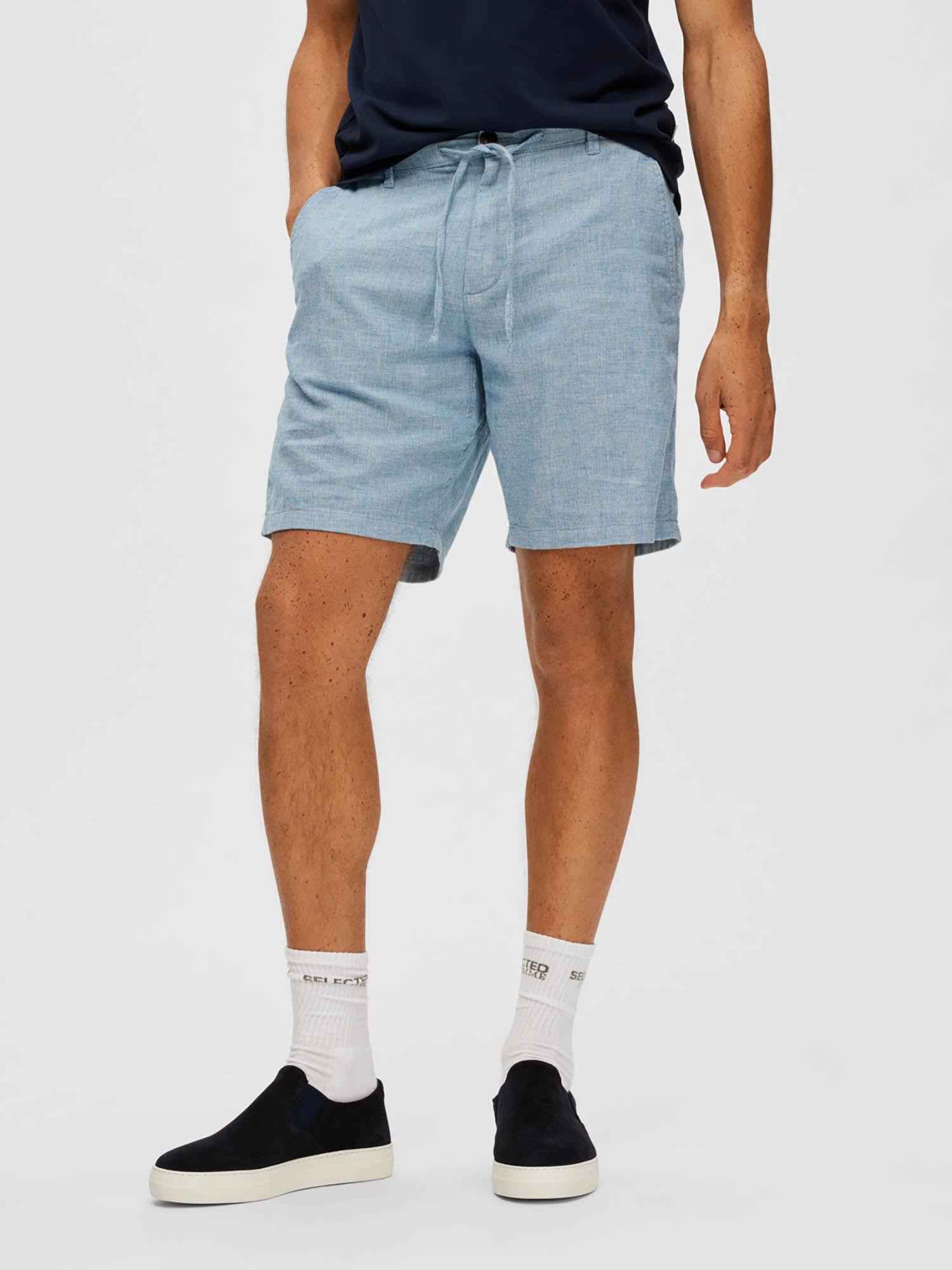 blue mid rise linen shorts