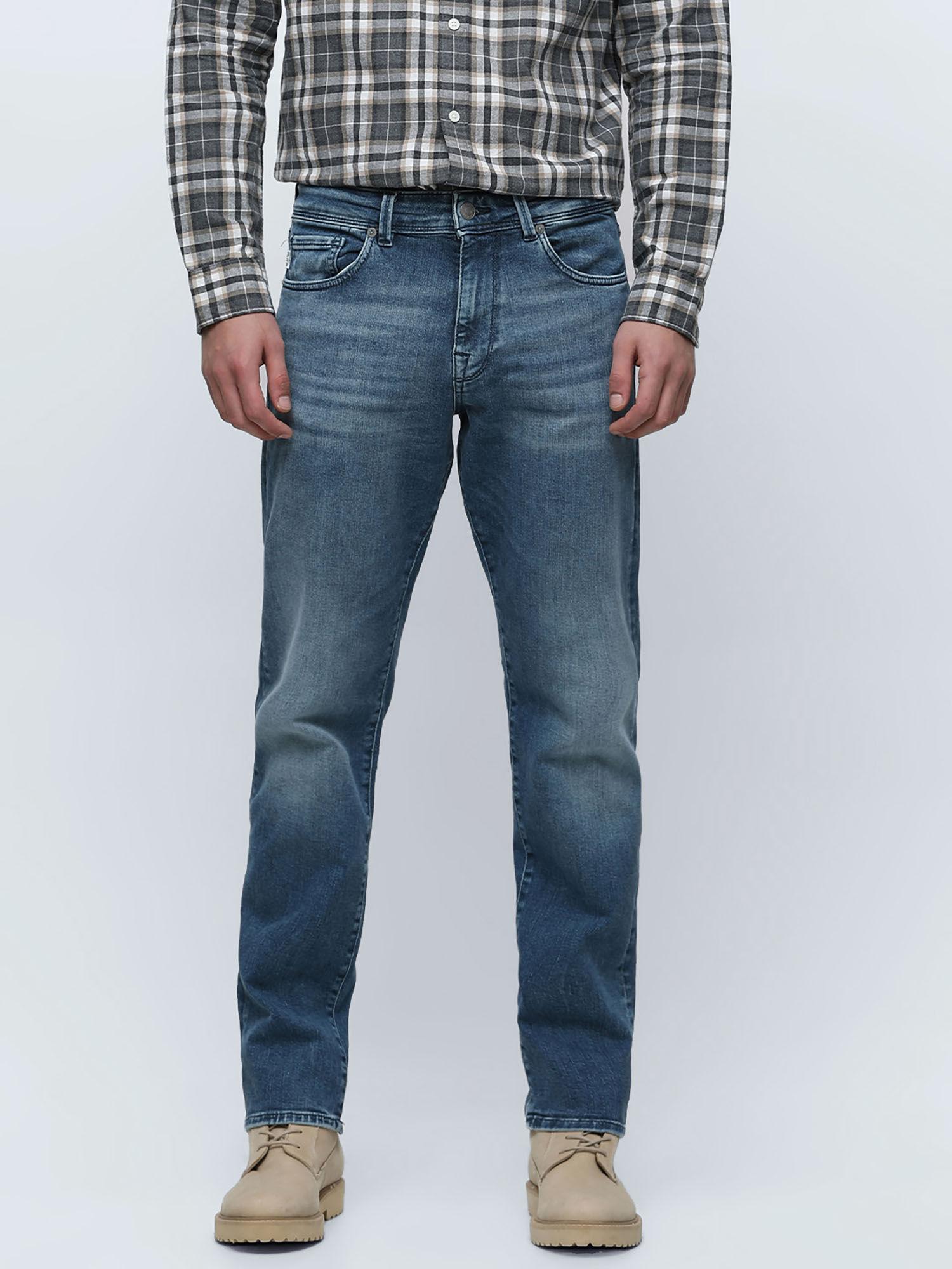 blue mid rise scott straight fit jeans