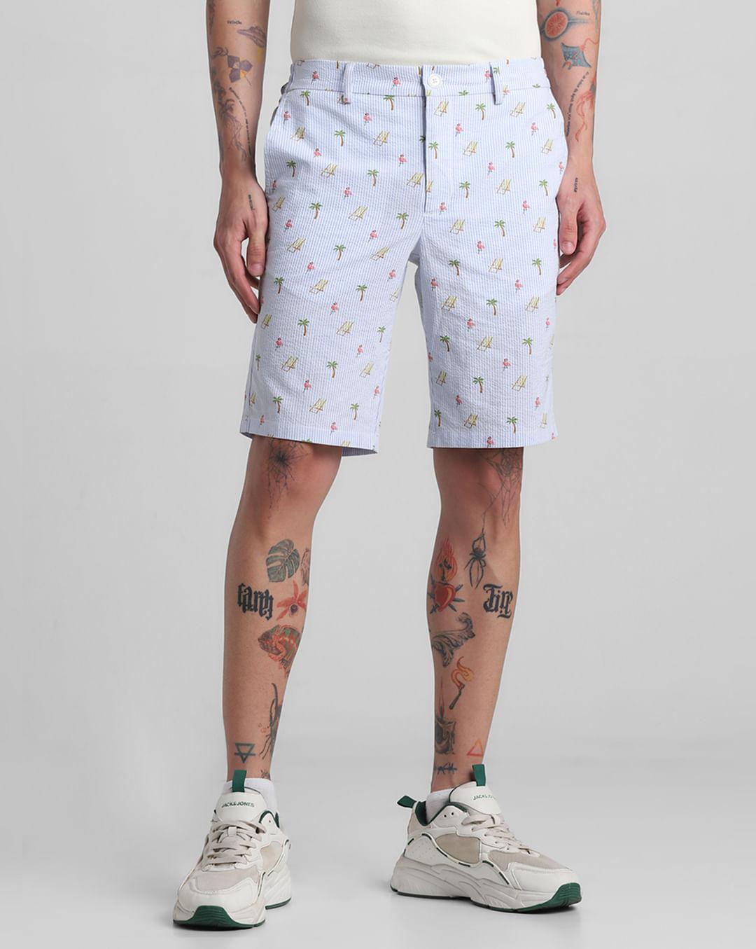 blue mid rise seersucker shorts