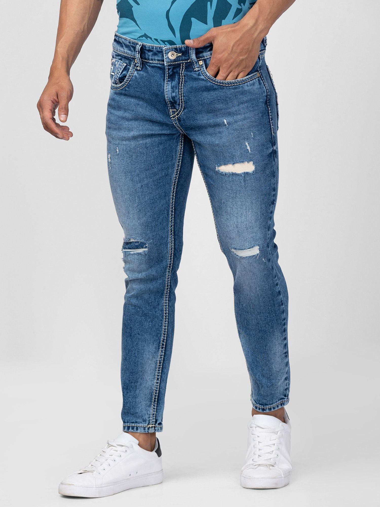 blue mid rise tapered fit jeans for men