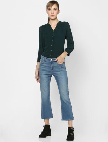 blue mid rise washed flared jeans