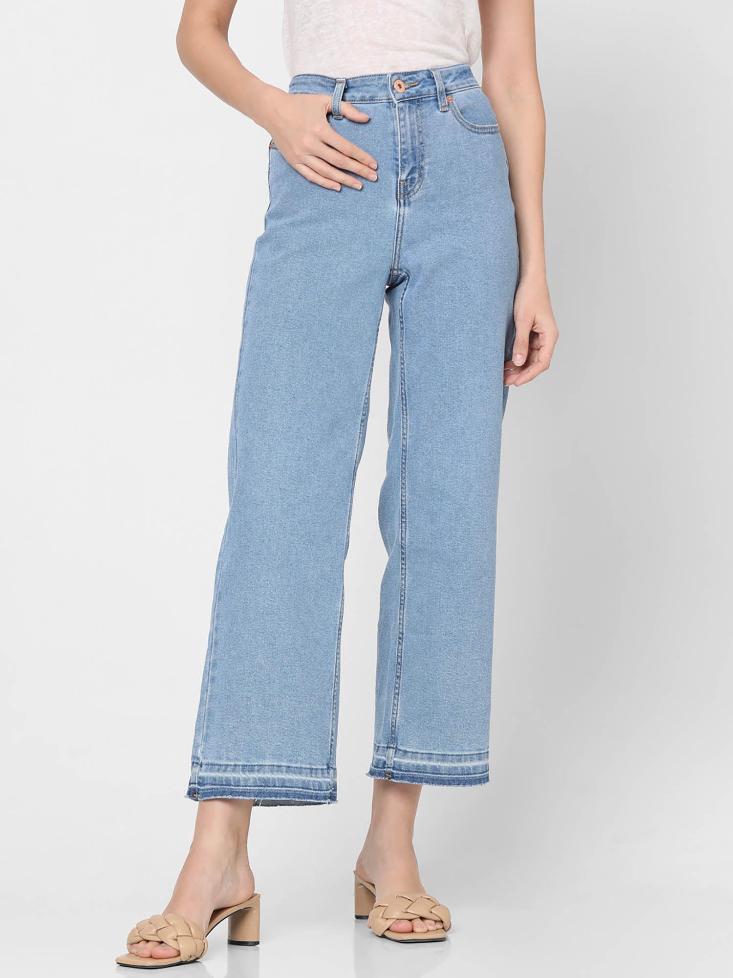 blue mid rise washed wide leg jeans