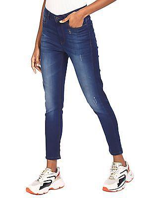 blue mid-rise whiskered jeans