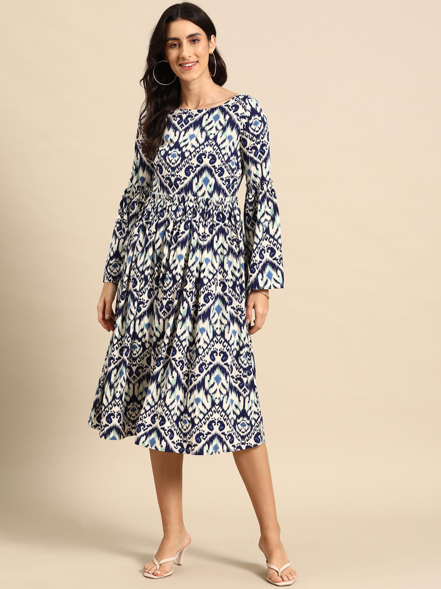 blue midi dress with bell sleeve