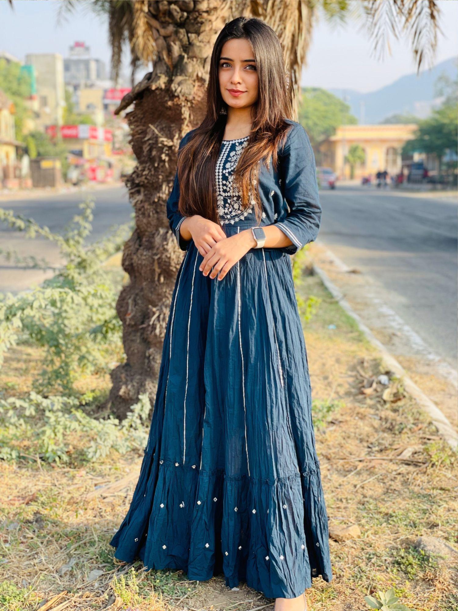 blue mirror embellished cotton gown
