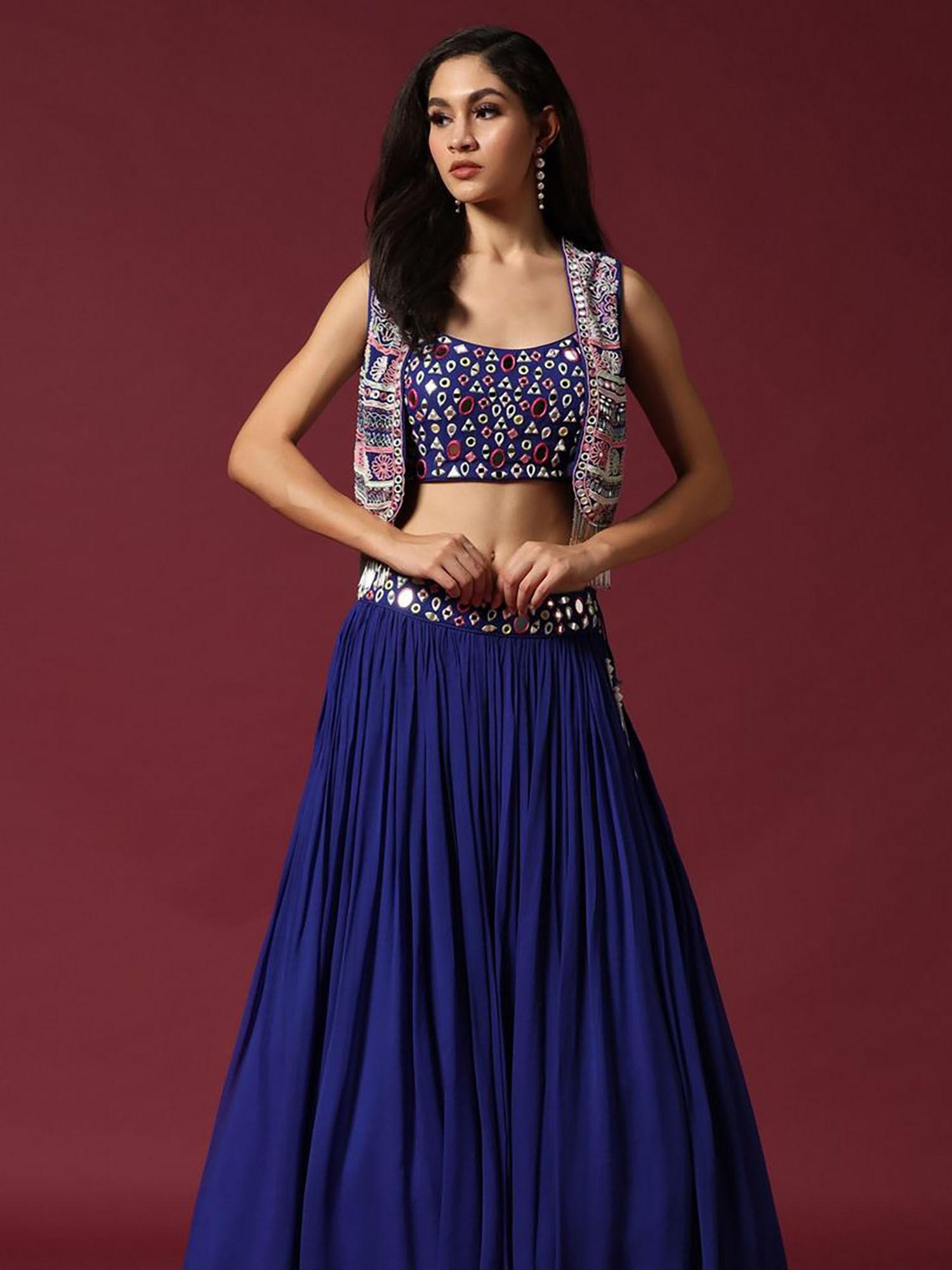 blue mirror work blouse & lehenga with cape (set of 3)